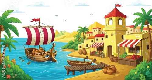 Charming cartoon illustration of a vibrant Mediterranean coastal town with a red-sailed ship, perfect for children's books and cheerful travel promotions