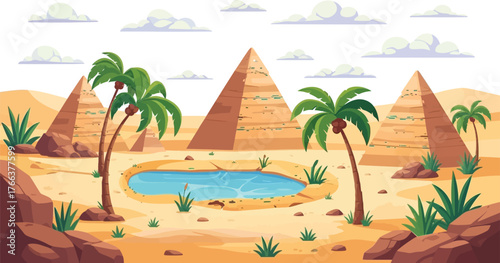 Explore stunning Egyptian pyramids and lush palm trees surrounding a serene desert oasis, perfect for travel blogs and educational resources about ancient Egypt