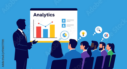Businessman giving a presentation on data analytics to colleagues.