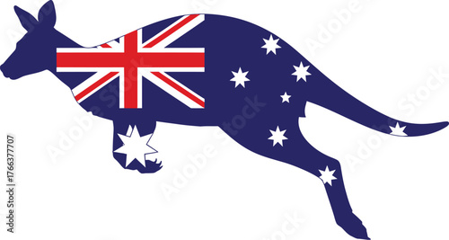 Dynamic kangaroo silhouette filled with the Australian flag against a clean white backdrop, perfect for patriotic projects and travel promotions