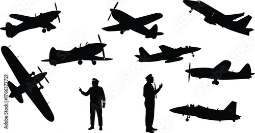 Airplane and pilot silhouette collection, vintage aircraft, jet planes, aviation crew illustration, flight control, air force training vector design