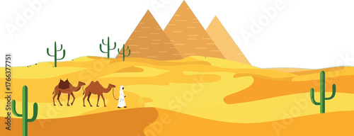 Explore the Majestic Egyptian Desert with Camels and Pyramids Under a Clear Blue Sky, Perfect for Travel and Adventure Concepts
