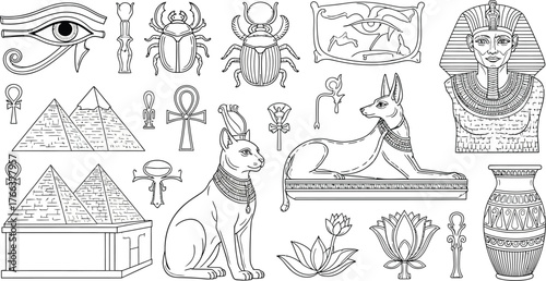 Explore ancient Egypt with this collection of classic symbols and icons for modern projects needing a touch of historical wonder and cultural charm