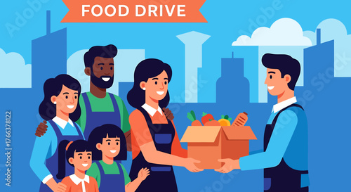 Community Food Drive People Donating and Receiving Food Boxes.