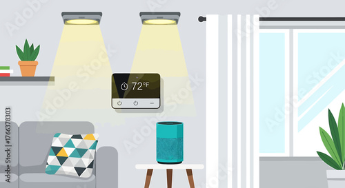 Cozy Living Room Illustration with Smart Home Technology.