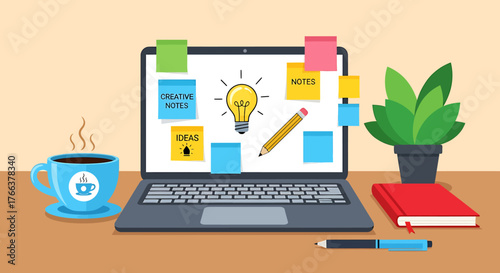 Creative Brainstorming Session with Laptop Coffee and Sticky Notes.