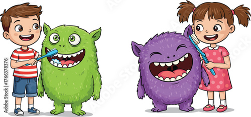 Children Brushing Monster Teeth, Cartoon Dental Hygiene Scene, Green and Purple Creatures, Red Striped Shirt and Pink Dress, Fun Health Education