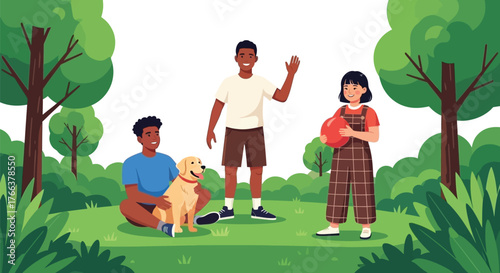 Enjoying summer vibes with friends, family, and a happy dog in the park, perfect for promoting outdoor fun and active lifestyle campaigns