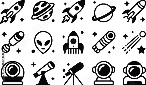 Whimsical hand drawn space icons featuring rockets planets aliens and astronauts