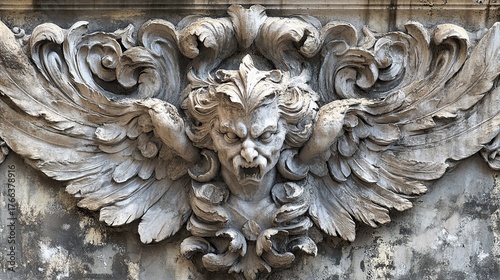 A weathered stone facade features an elaborate, ornate carving of a demonic figure with large, expressive wings and a snarling face, showcasing Baroque architectural detail.