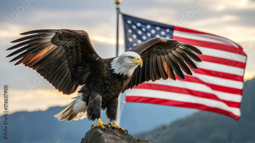 Bald eagle perched on a rock with wings spread against the american flag waving in the background
