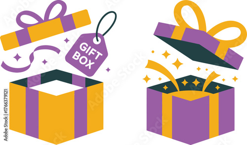 Two open gift boxes revealing surprises and sparkles