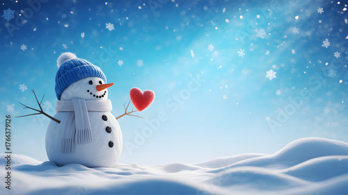 A cheerful snowman holding a red heart in a snowy landscape under a bright blue winter sky