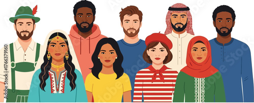 Diverse group of people from around the world standing together, celebrating cultural unity and global connection in a modern, inclusive community