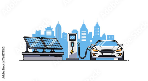 Electric car charging station powered by solar energy in urban setting.