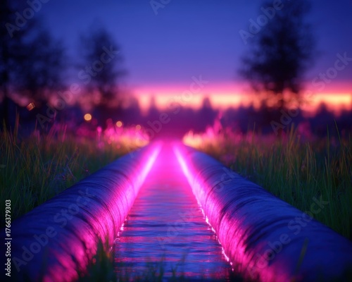 A vibrant pathway illuminated by purple lights.