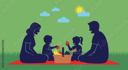 Family enjoying a sunny picnic outdoors with food and drinks.