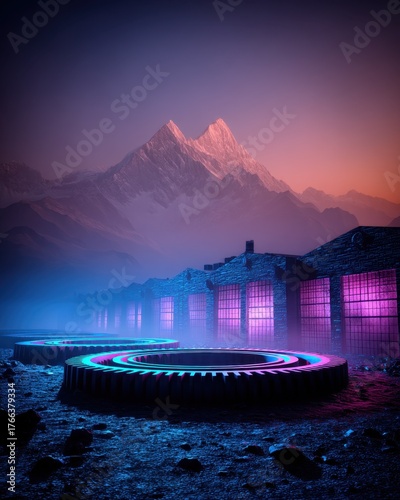 Futuristic landscape with glowing rings and mountains.