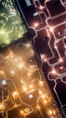 Futuristic circuit board with colorful lights.