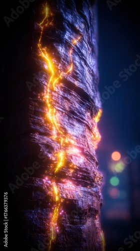 Glowing tree bark with vibrant, colorful patterns.