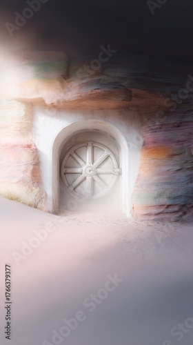 Mysterious door in a colorful stone wall.