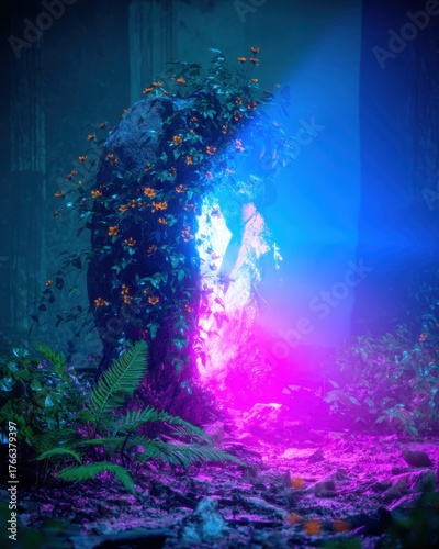 Magical portal in a vibrant forest setting.