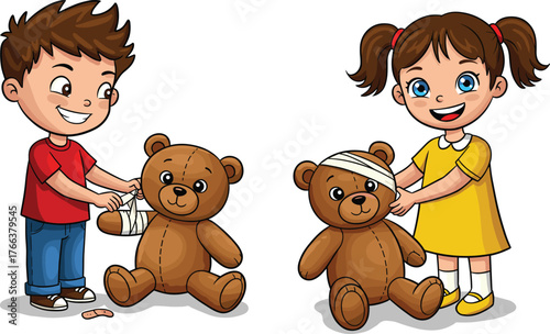 Children Caring for Teddy Bears, Cartoon Medical Play Scene, Bandage and Plaster, Red Shirt and Yellow Dress, Empathy and Imagination