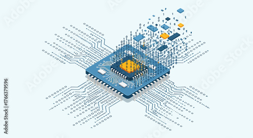 Futuristic central processor unit transforming into a digital information stream.