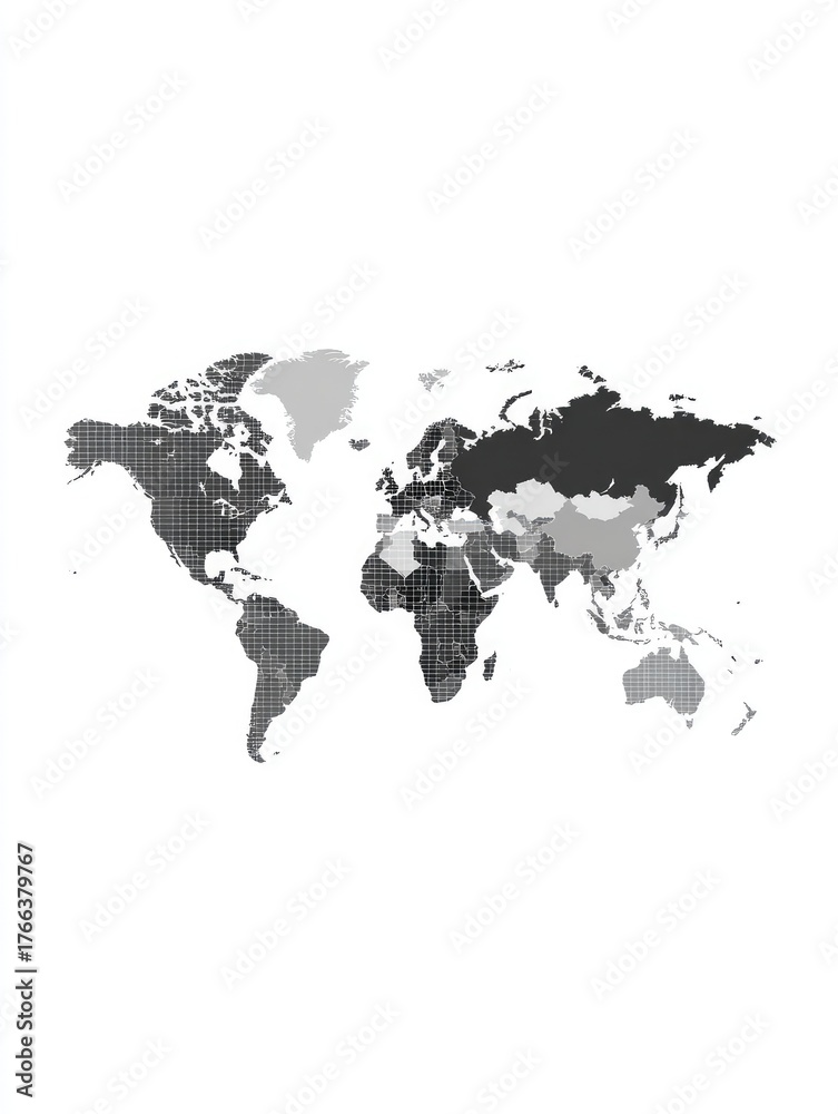 Naklejka premium World map, grayscale, shaded regions