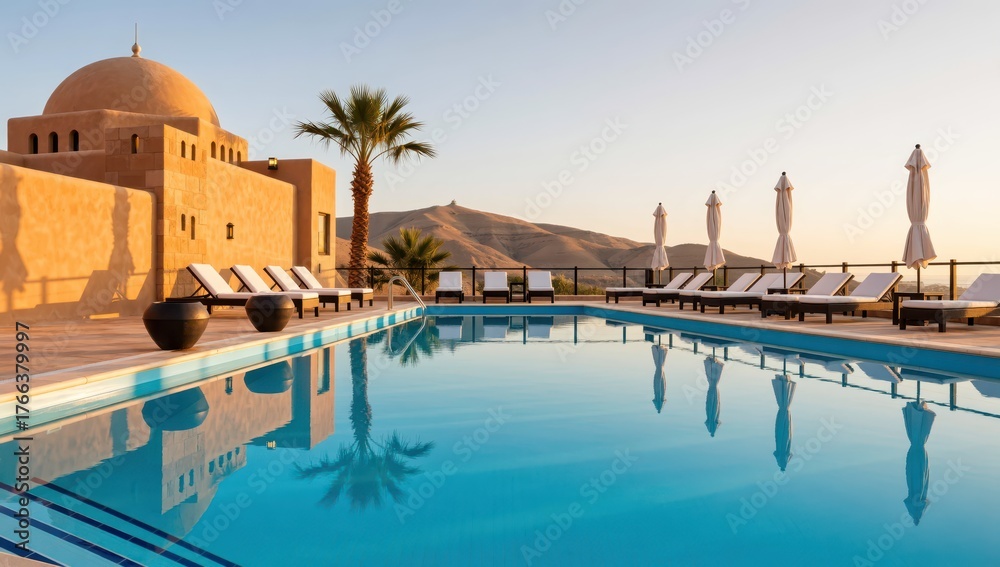 Fototapeta premium Beautiful swimming pool at luxury resort in cabo san lucas, mexico at sunset with palm tree
