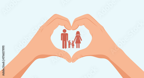 Hands forming heart shape around family icon symbolizing love and protection.