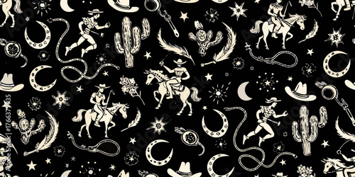 Whimsical western pattern featuring cowboys cowgirls horses cacti and celestial elements on black background