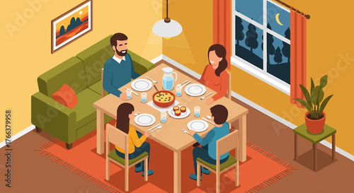 Happy family having dinner together in a cozy dining room illustration.