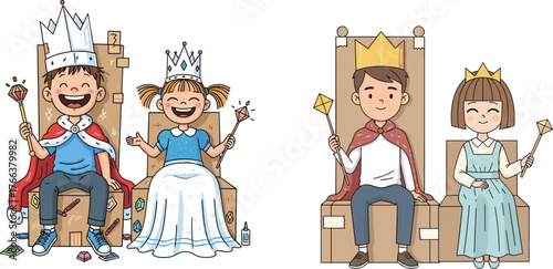 Children Dressed as Royalty on Cardboard Thrones, Cartoon Imaginative Play Scene, Paper Crowns, Red Capes, Wands, Craft Materials, Creativity and Fun