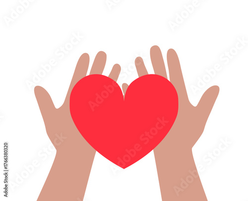 Hands holding heart symbol in simple flat style, vector illustration for charity, donation, volunteering and healthcare support design.