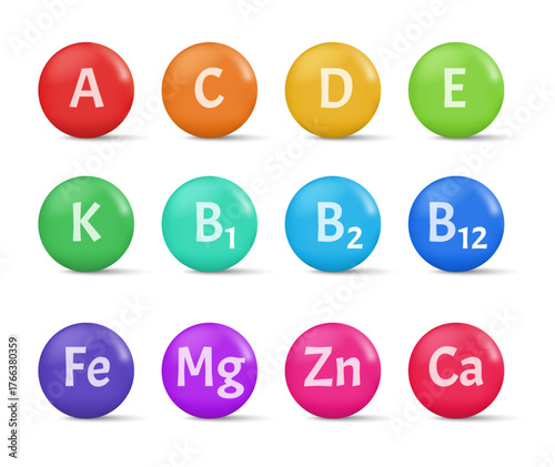 Realistic set of multivitamin icons with colorful capsules and nutrient letters. Perfect for healthcare, nutrition, supplements, medical posters, and wellness design.