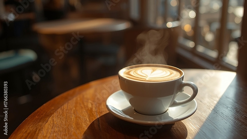 Steaming Cup of Coffee with Latte Art on a Wooden Table in Warm Sunlight