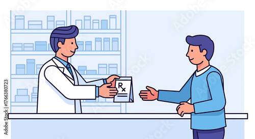 Pharmacist handing prescription to a patient at the pharmacy counter.