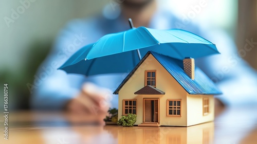 House model protected by blue umbrella indoors.