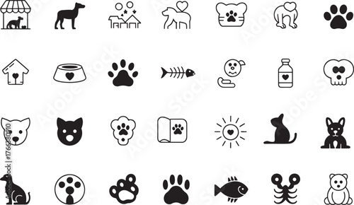 Collection of Black and White Pet Related Icons Featuring Dogs Cats and More for Veterinary and Pet Store Designs