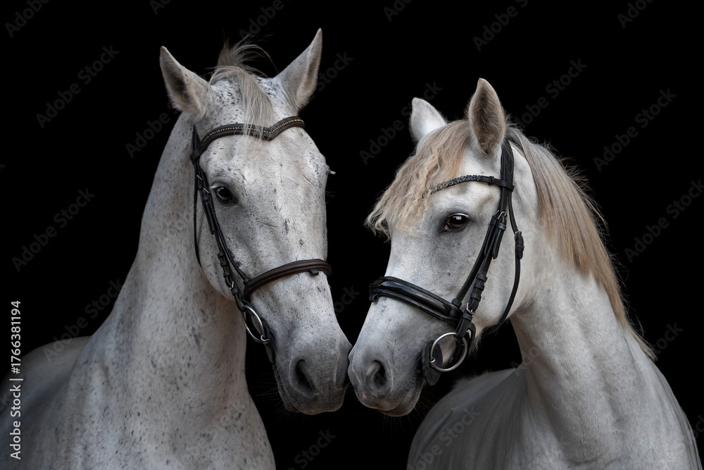 Obraz premium Two graceful white horses captured in a fine art portrait against a deep black background. Their calm and intimate pose expresses connection, harmony, and beauty. This elegant equine artwork