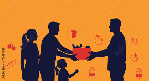 Silhouette of family receiving food donation with orange background.