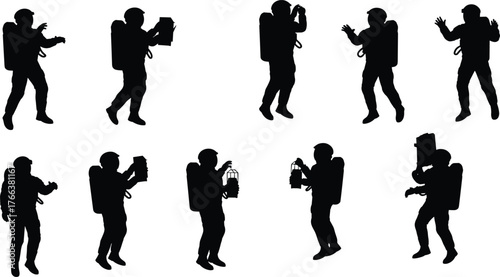 Astronaut silhouette set holding scientific tools, exploring space environment, cosmic science research, outer space mission, astronaut experiment illustration vector art.