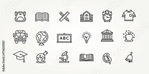 Set of 18 back to school line art icon logo vector illustration design. simple modern school supplies and elements icons concept