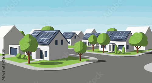 Suburban neighborhood with houses equipped with solar panels on roofs.