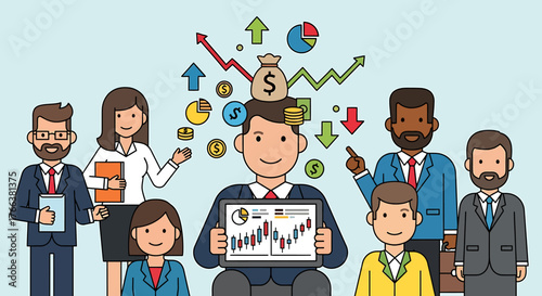 Successful investment concept with business people and financial icons.