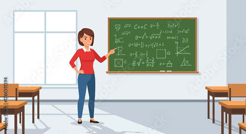 Teacher explaining math formulas on a blackboard in a classroom.