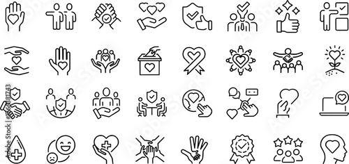 Trust and Charity Line Icon Set Representing Care, Support, Humanity, and Community Reliability Concepts