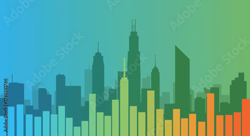 Vibrant Cityscape with Digital Equalizer Bars Overlay.