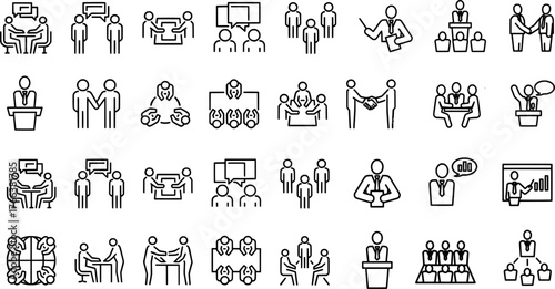 Conference and Meeting Line Icon Set Representing Corporate Discussion, Collaboration, and Team Communication